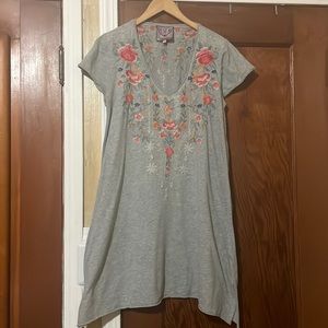 Johnny Was Embroidered Tunic Peasant Dress 100% Linen- Hand Stitched Embroidery